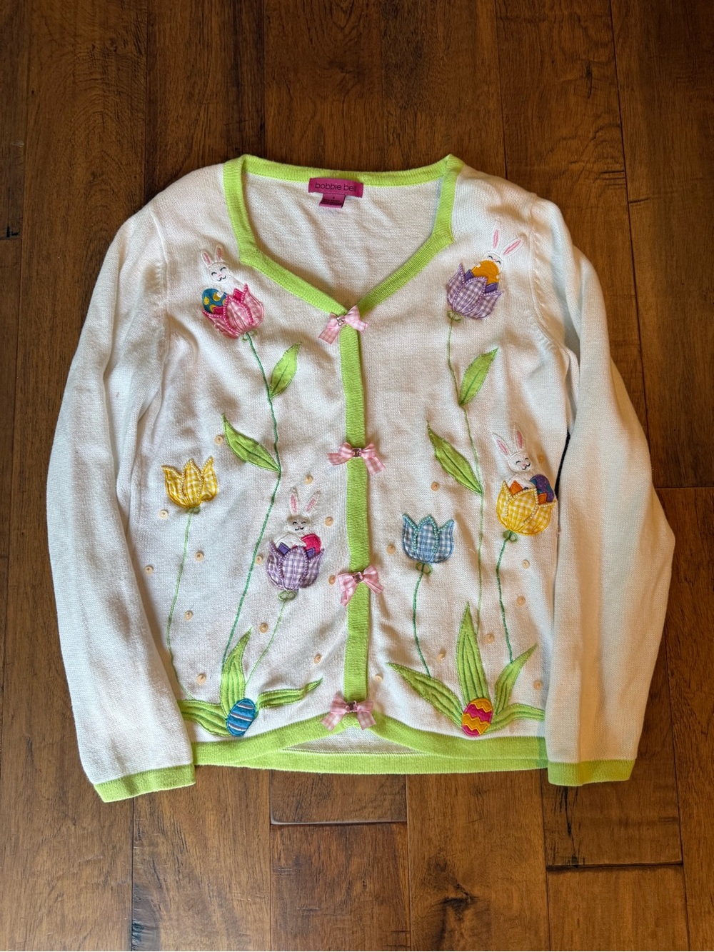 Bobbie Bell White Embroidered Bunny & Tulip Cardigan with Green Trim
